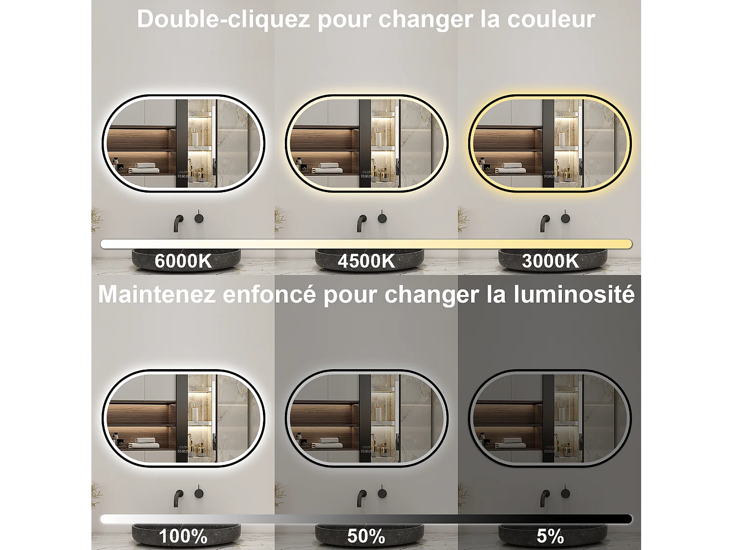 Aica Miroir lumineux de salle de bain Bluetooth Ovale 60x100cm Avec Horloge + 3 Couleurs + Dimmable + Anti-Buée, Noir Cadre Non-Métallique