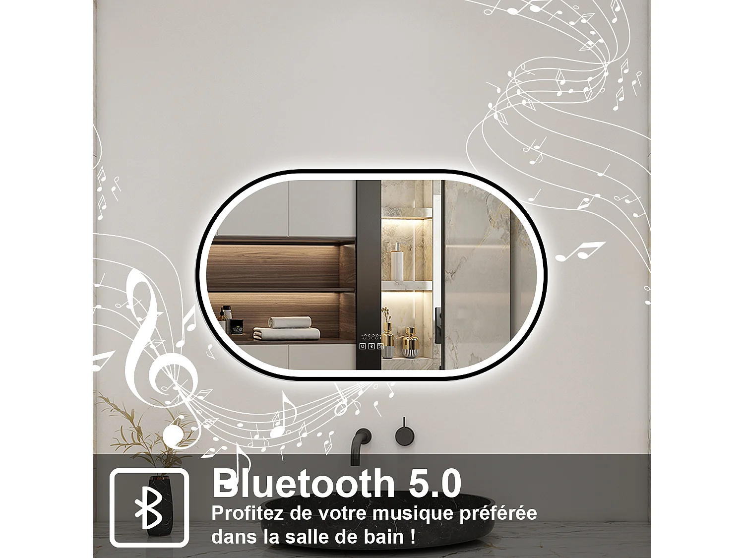 Aica Miroir lumineux de salle de bain Bluetooth Ovale 60x100cm Avec Horloge + 3 Couleurs + Dimmable + Anti-Buée, Noir Cadre Non-Métallique