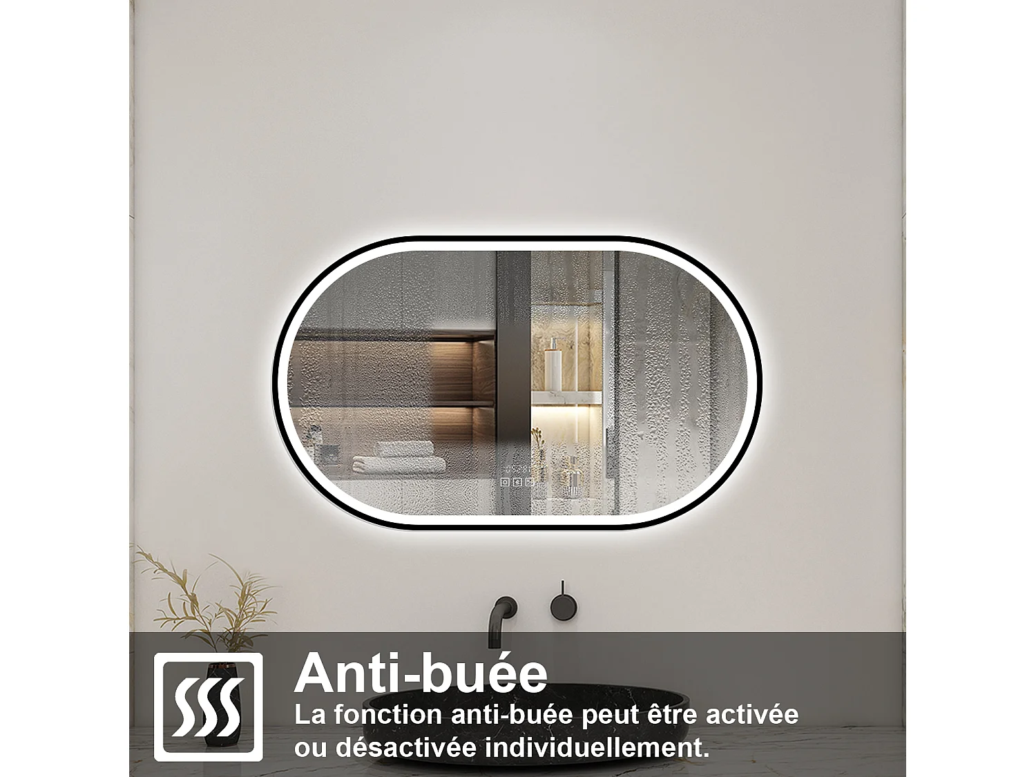 Aica Miroir lumineux de salle de bain Bluetooth Ovale 60x100cm Avec Horloge + 3 Couleurs + Dimmable + Anti-Buée, Noir Cadre Non-Métallique