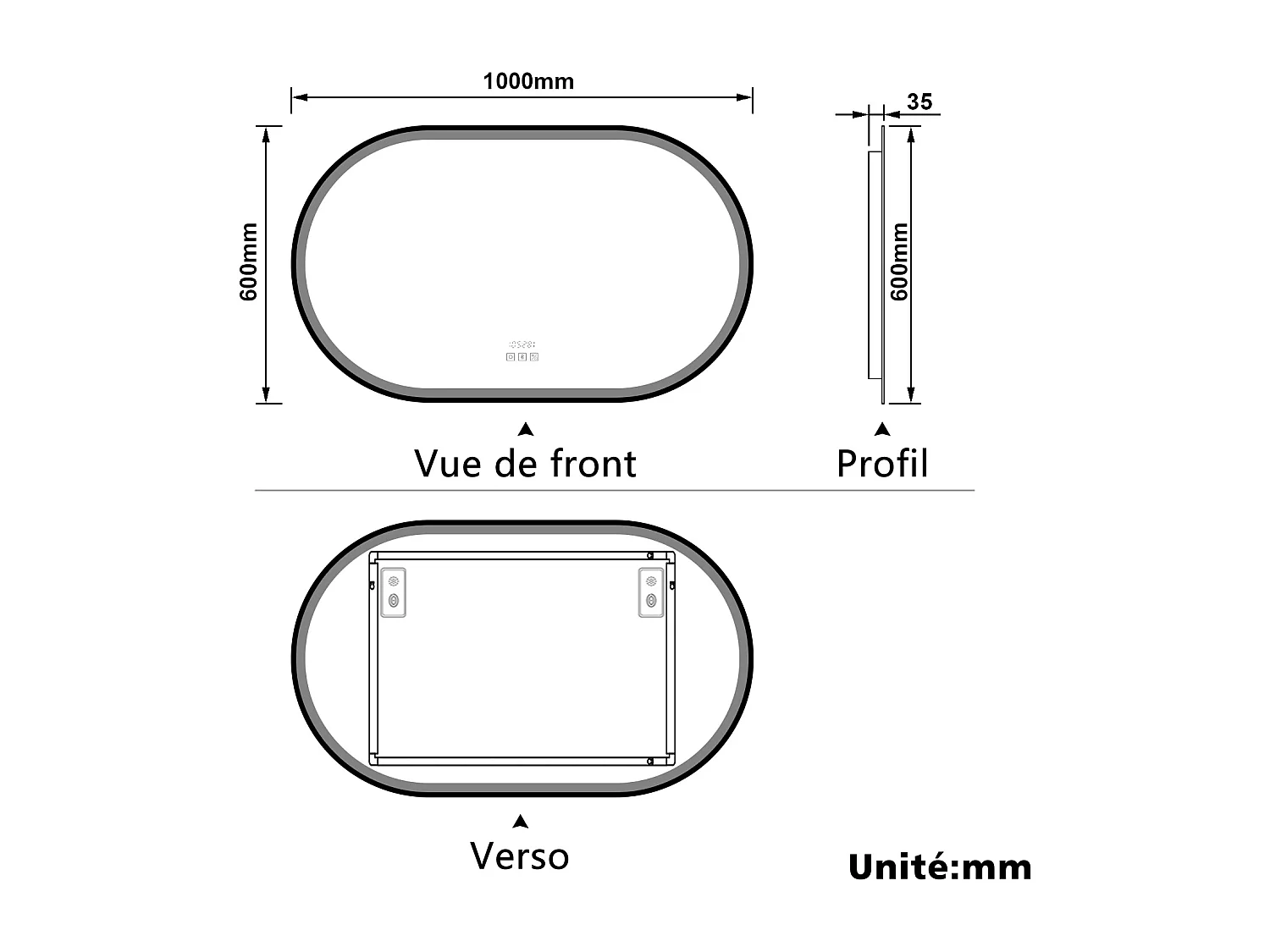 Aica Miroir lumineux de salle de bain Bluetooth Ovale 60x100cm Avec Horloge + 3 Couleurs + Dimmable + Anti-Buée, Noir Cadre Non-Métallique