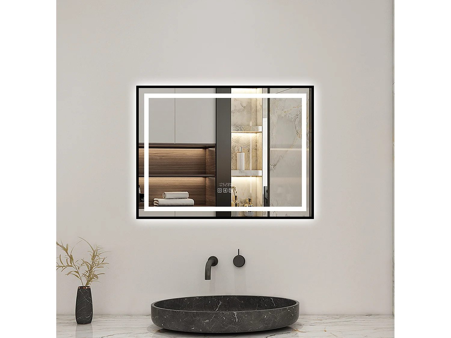 Aica Miroir lumineux de salle de bain Bluetooth 80x60cm Avec Horloge + 3 Couleurs + Dimmable + Anti-Buée, Noir Cadre Non-Métallique