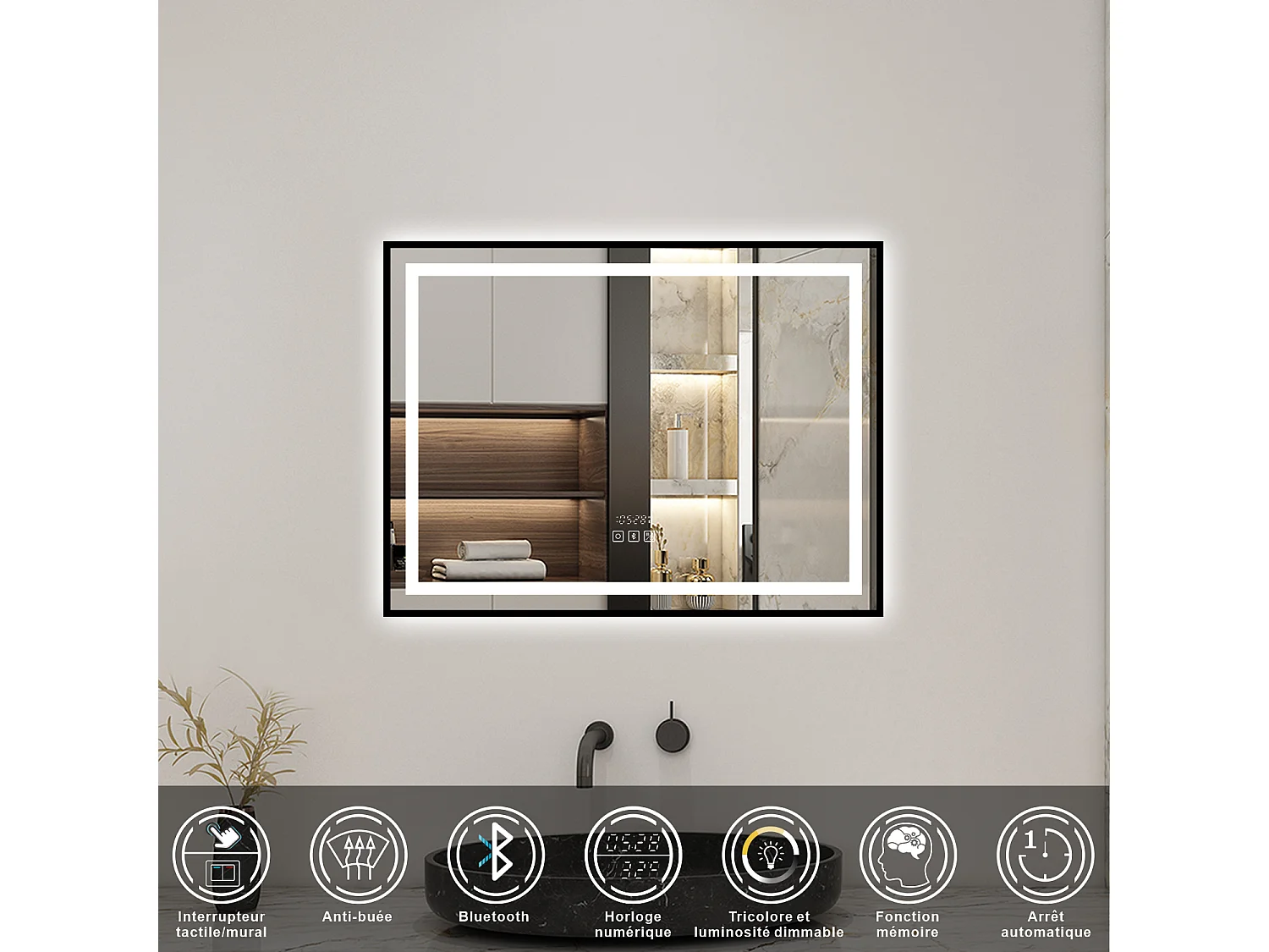 Aica Miroir lumineux de salle de bain Bluetooth 80x60cm Avec Horloge + 3 Couleurs + Dimmable + Anti-Buée, Noir Cadre Non-Métallique