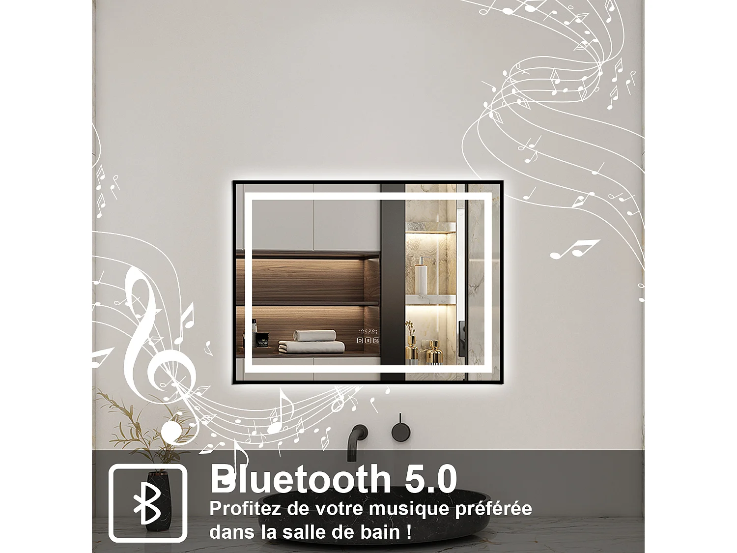 Aica Miroir lumineux de salle de bain Bluetooth 80x60cm Avec Horloge + 3 Couleurs + Dimmable + Anti-Buée, Noir Cadre Non-Métallique