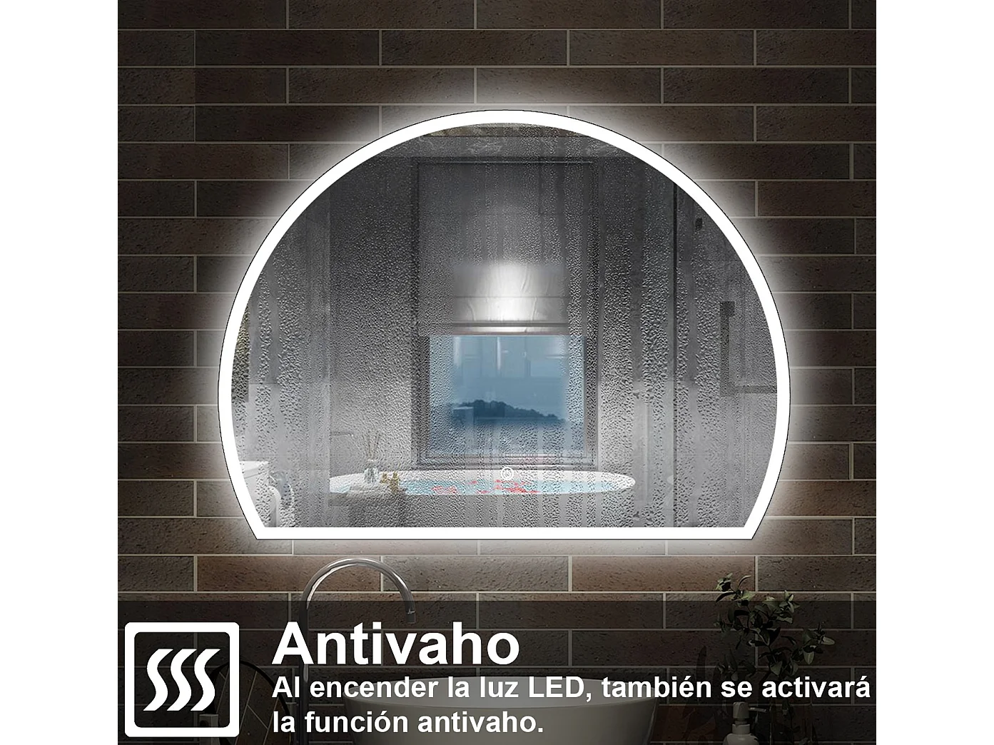 AICA Espejo de baño 80 x 60cm, Semicircular,antivaho,brillo ajustable y 3 colores ajustable