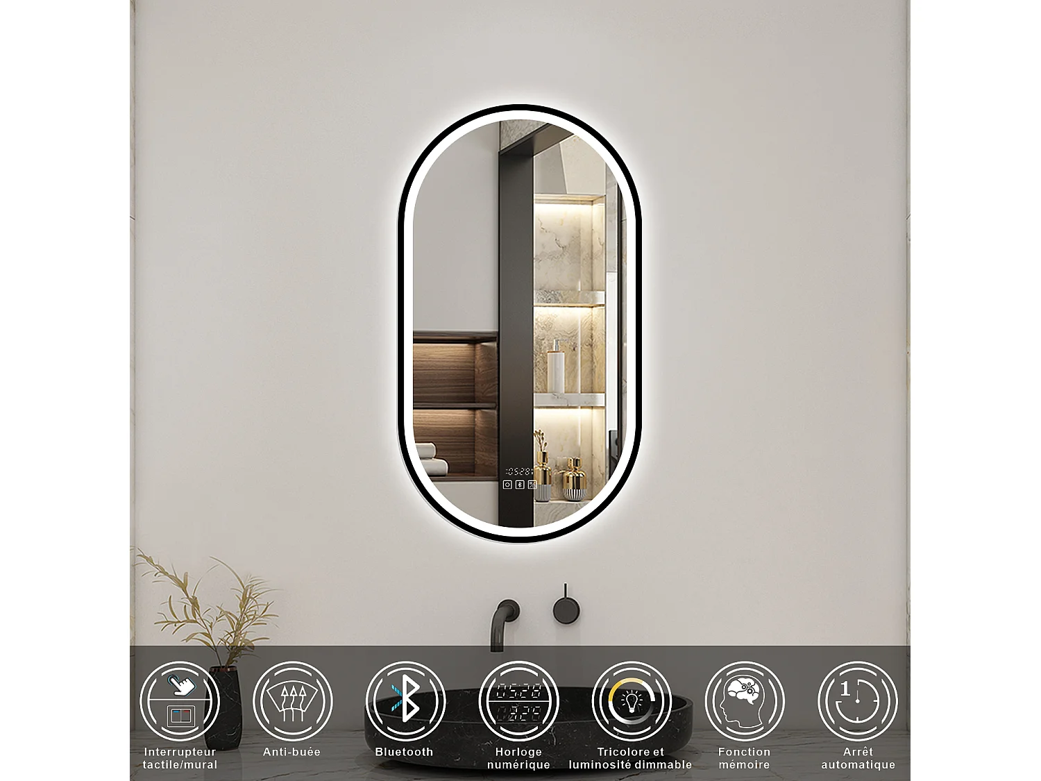 Aica Miroir lumineux de salle de bain Bluetooth Ovale 45x75cm Avec Horloge + 3 Couleurs + Dimmable + Anti-Buée, Noir Cadre Non-Métallique