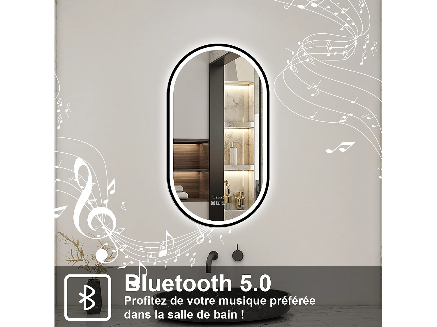 Aica Miroir lumineux de salle de bain Bluetooth Ovale 45x75cm Avec Horloge + 3 Couleurs + Dimmable + Anti-Buée, Noir Cadre Non-Métallique