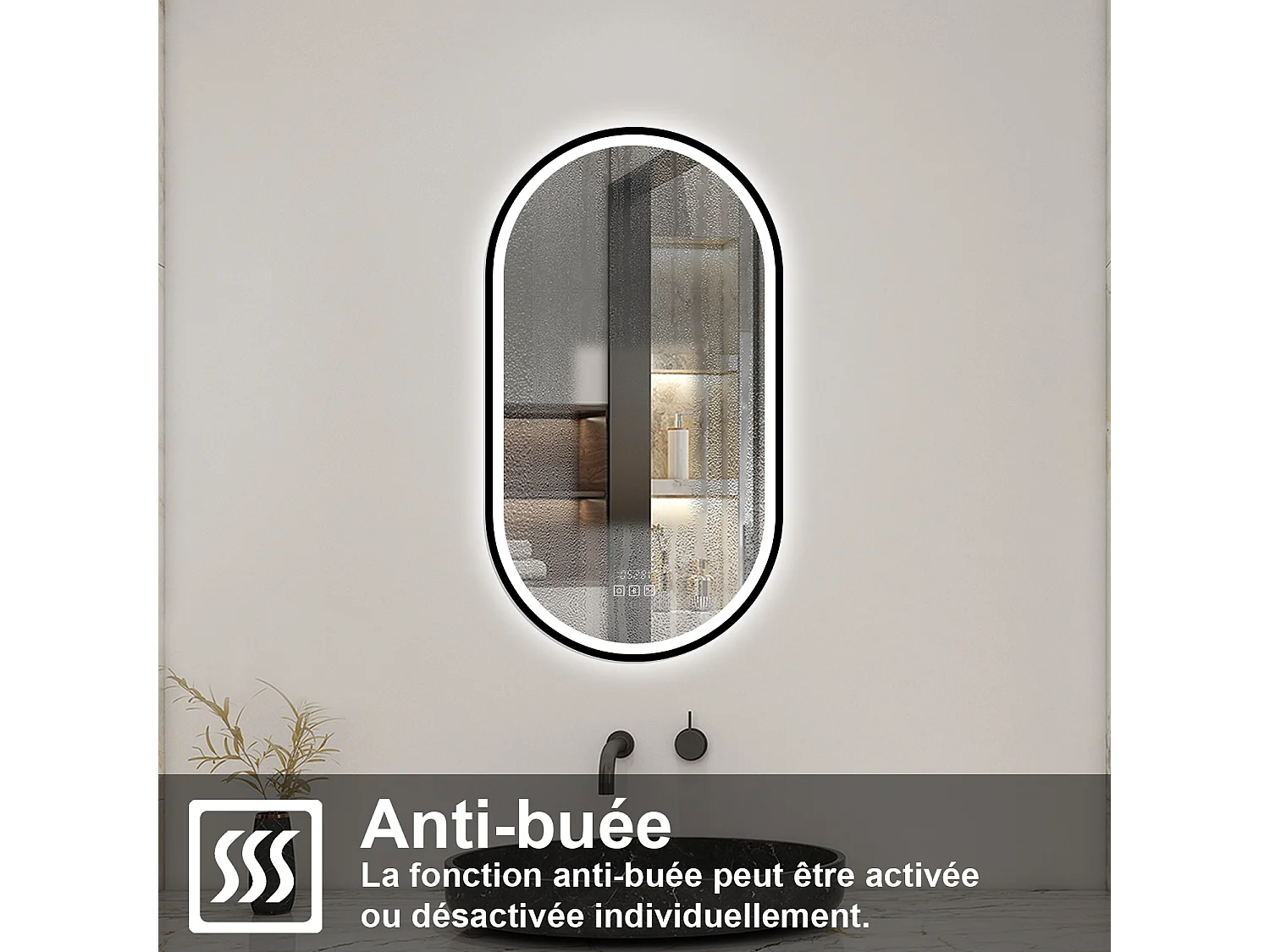 Aica Miroir lumineux de salle de bain Bluetooth Ovale 45x75cm Avec Horloge + 3 Couleurs + Dimmable + Anti-Buée, Noir Cadre Non-Métallique