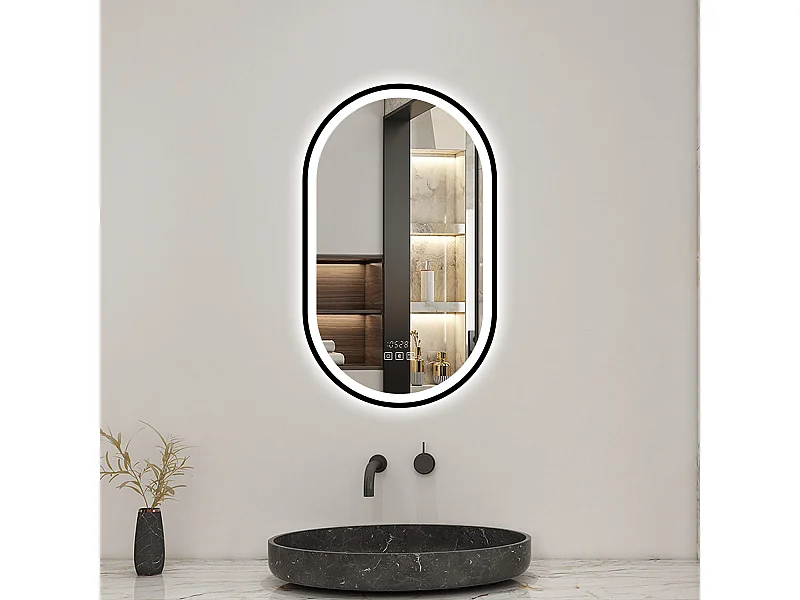 Aica Miroir lumineux de salle de bain Bluetooth Ovale 45x75cm Avec Horloge + 3 Couleurs + Dimmable + Anti-Buée, Noir Cadre Non-Métallique