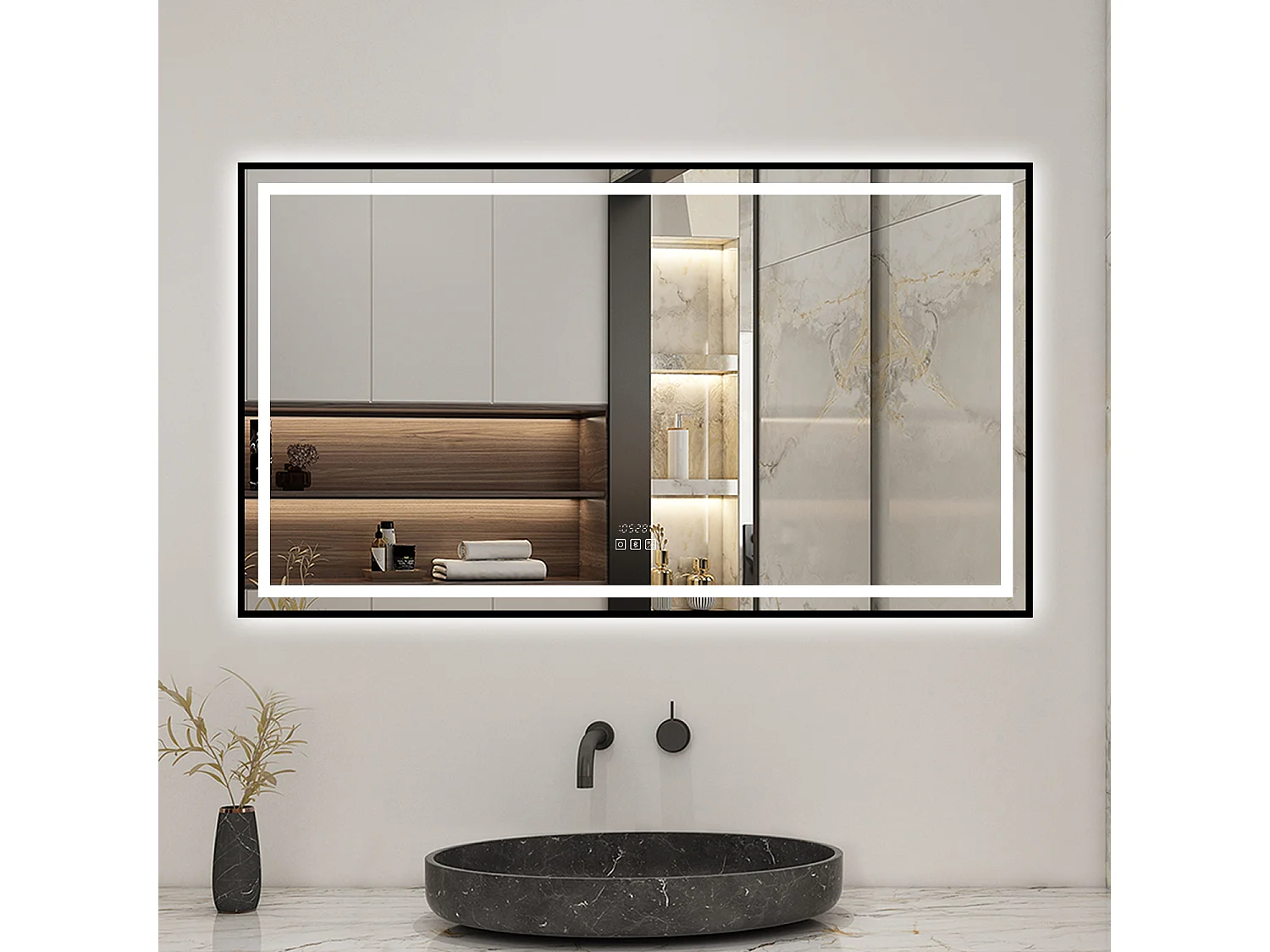 Aica Miroir lumineux de salle de bain Bluetooth 140x80cm Avec Horloge + 3 Couleurs + Dimmable + Anti-Buée, Noir Cadre Non-Métallique