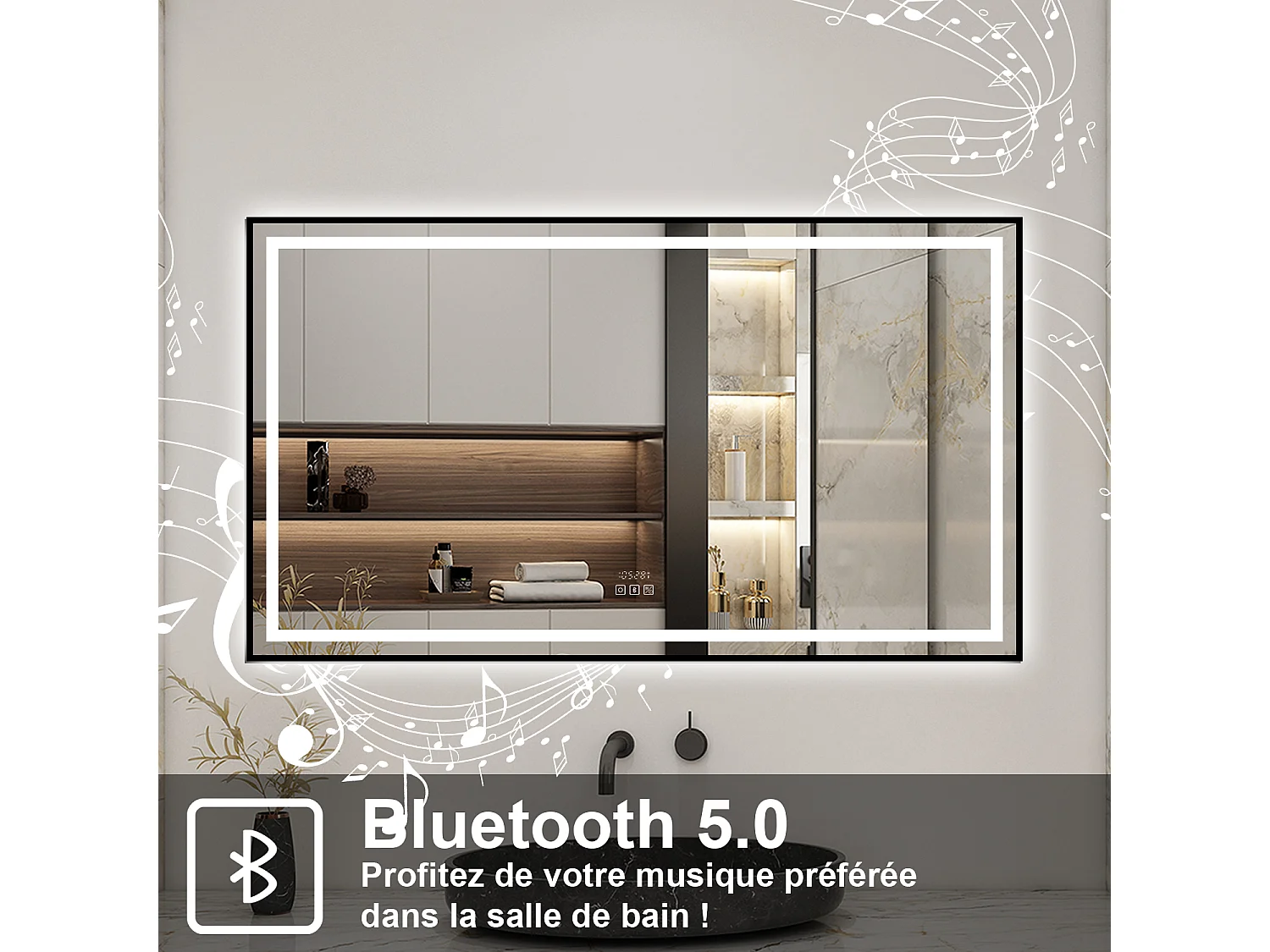 Aica Miroir lumineux de salle de bain Bluetooth 140x80cm Avec Horloge + 3 Couleurs + Dimmable + Anti-Buée, Noir Cadre Non-Métallique