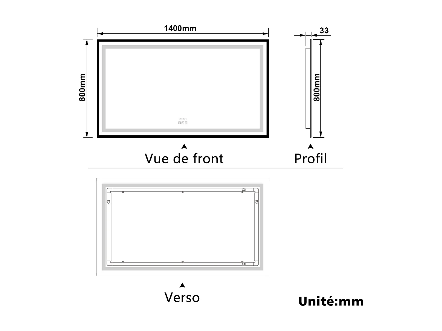 Aica Miroir lumineux de salle de bain Bluetooth 140x80cm Avec Horloge + 3 Couleurs + Dimmable + Anti-Buée, Noir Cadre Non-Métallique