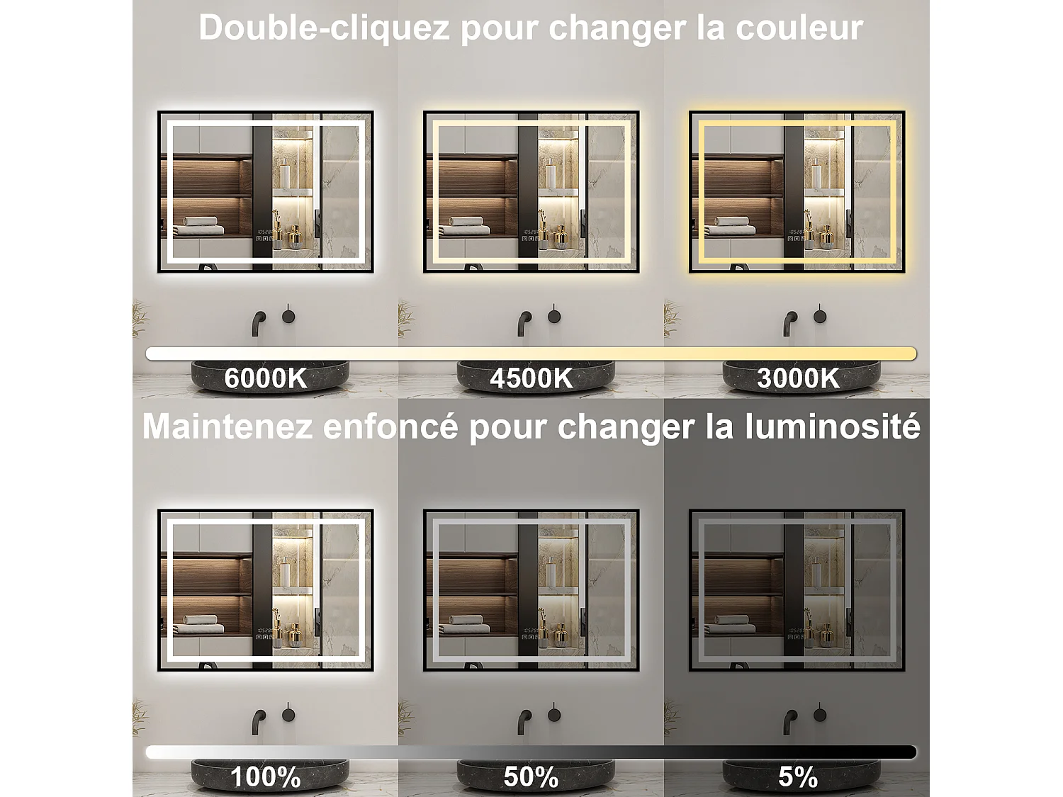 Aica Miroir lumineux de salle de bain Bluetooth 120x80cm Avec Horloge + 3 Couleurs + Dimmable + Anti-Buée, Noir Cadre Non-Métallique
