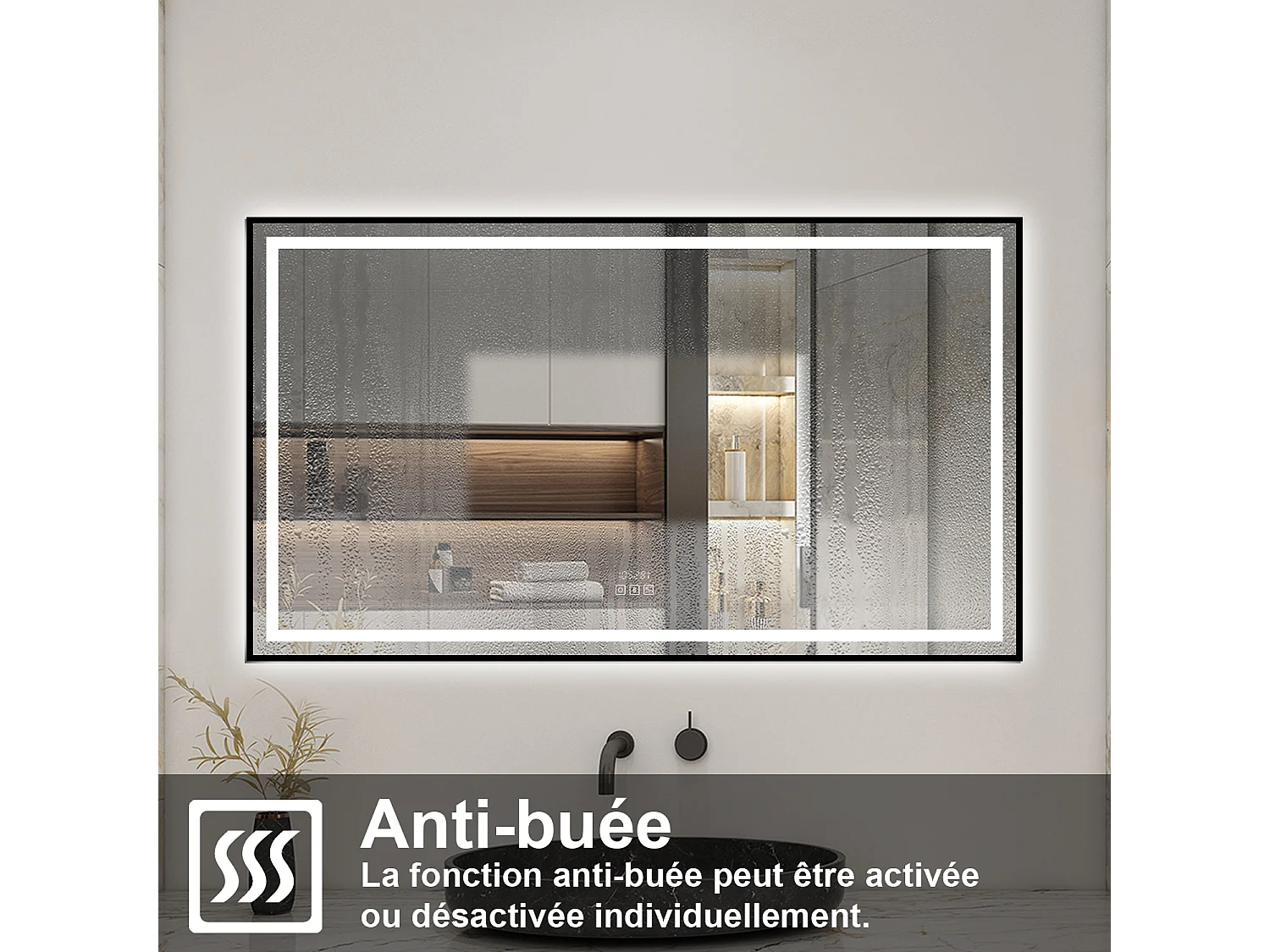 Aica Miroir lumineux de salle de bain Bluetooth 120x80cm Avec Horloge + 3 Couleurs + Dimmable + Anti-Buée, Noir Cadre Non-Métallique