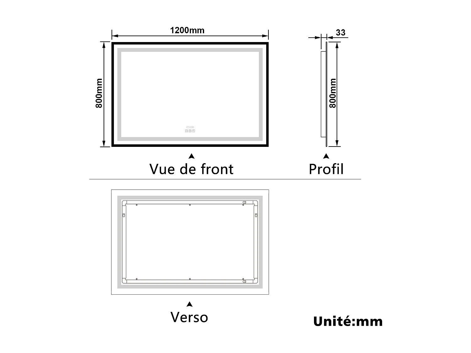 Aica Miroir lumineux de salle de bain Bluetooth 120x80cm Avec Horloge + 3 Couleurs + Dimmable + Anti-Buée, Noir Cadre Non-Métallique