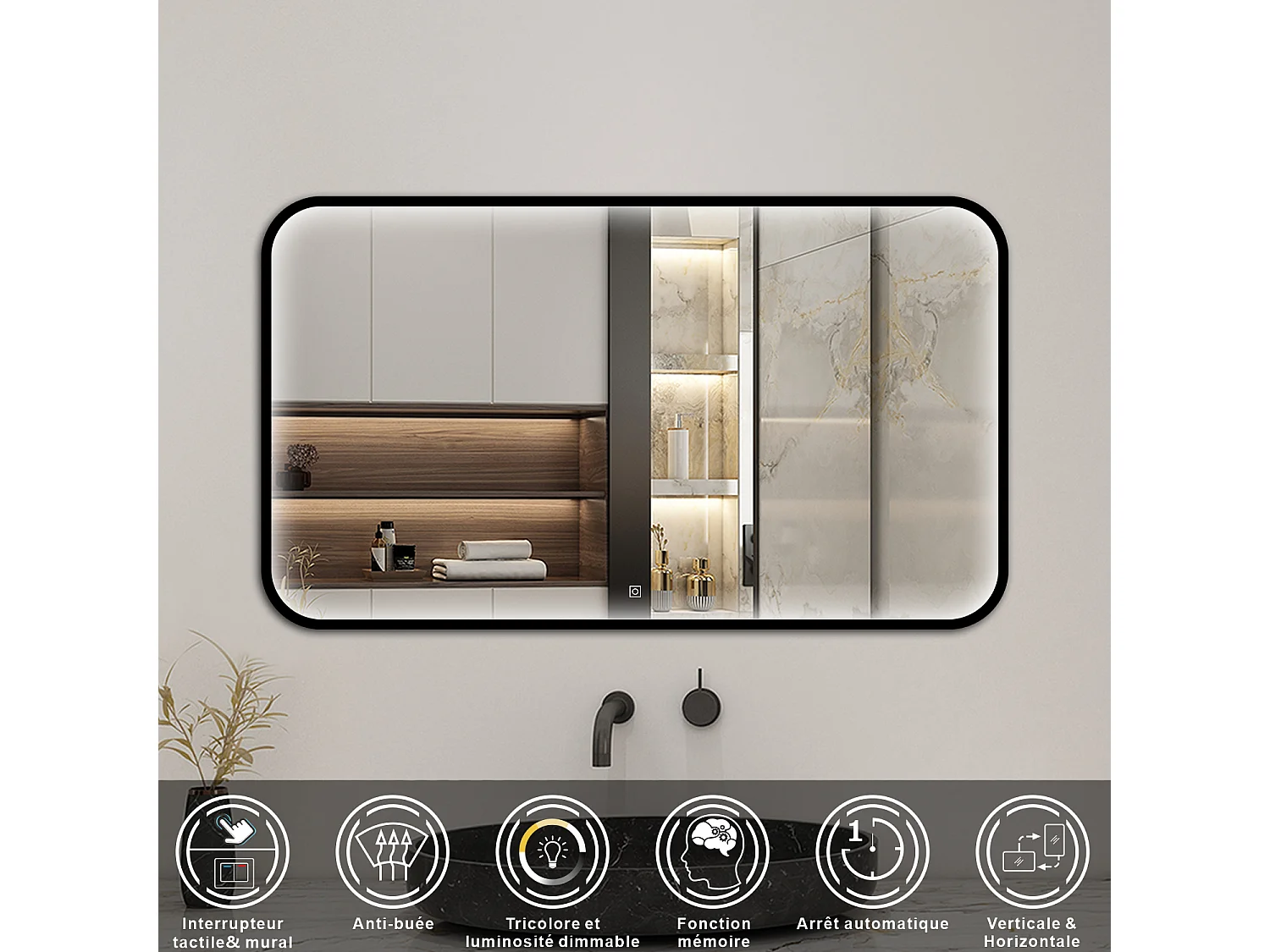 Aica Miroir lumineux de salle de bain 120x70cm Avec 3 Couleurs + Dimmable + Anti-Buée + Mémoire, Noir Cadre Métallique