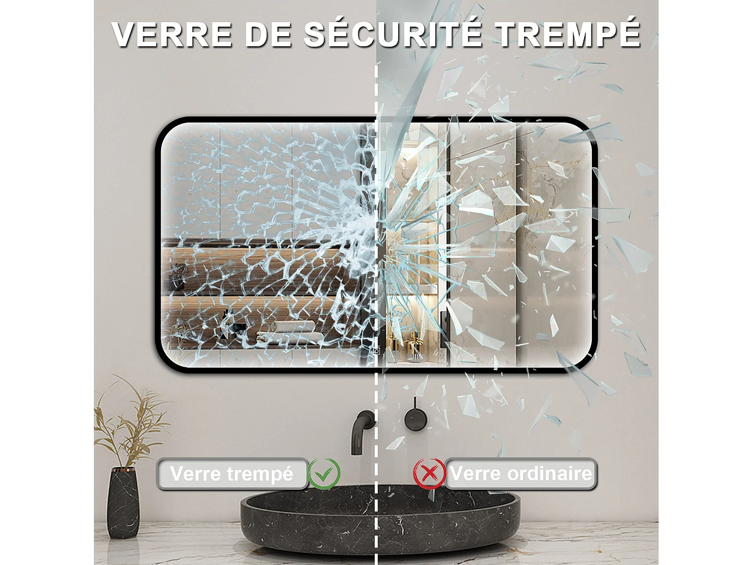 Aica Miroir lumineux de salle de bain 120x70cm Avec 3 Couleurs + Dimmable + Anti-Buée + Mémoire, Noir Cadre Métallique