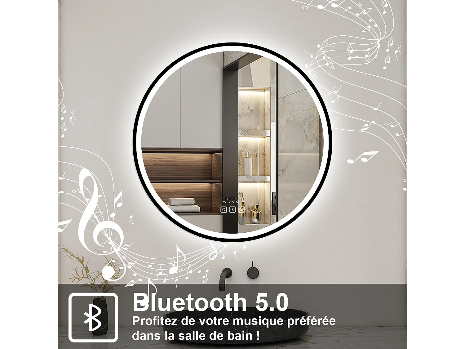 Aica Miroir lumineux de salle de bain Bluetooth Rond 100cm Avec Horloge + 3 Couleurs + Dimmable + Anti-Buée, Noir Cadre Non-Métallique