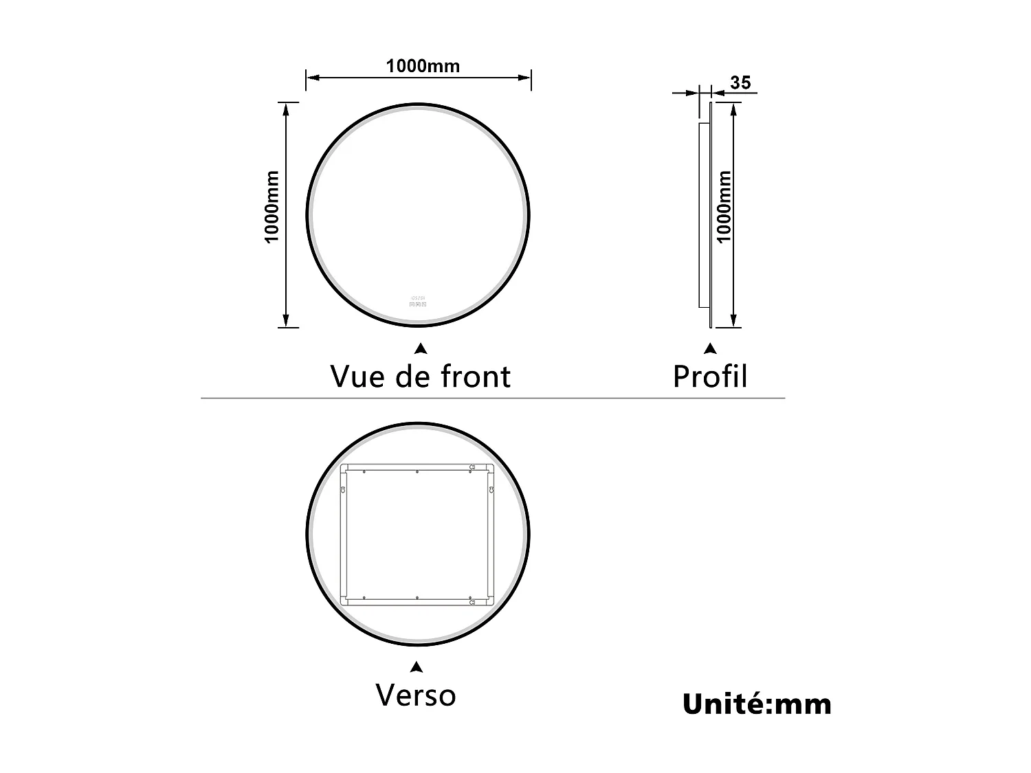 Aica Miroir lumineux de salle de bain Bluetooth Rond 100cm Avec Horloge + 3 Couleurs + Dimmable + Anti-Buée, Noir Cadre Non-Métallique