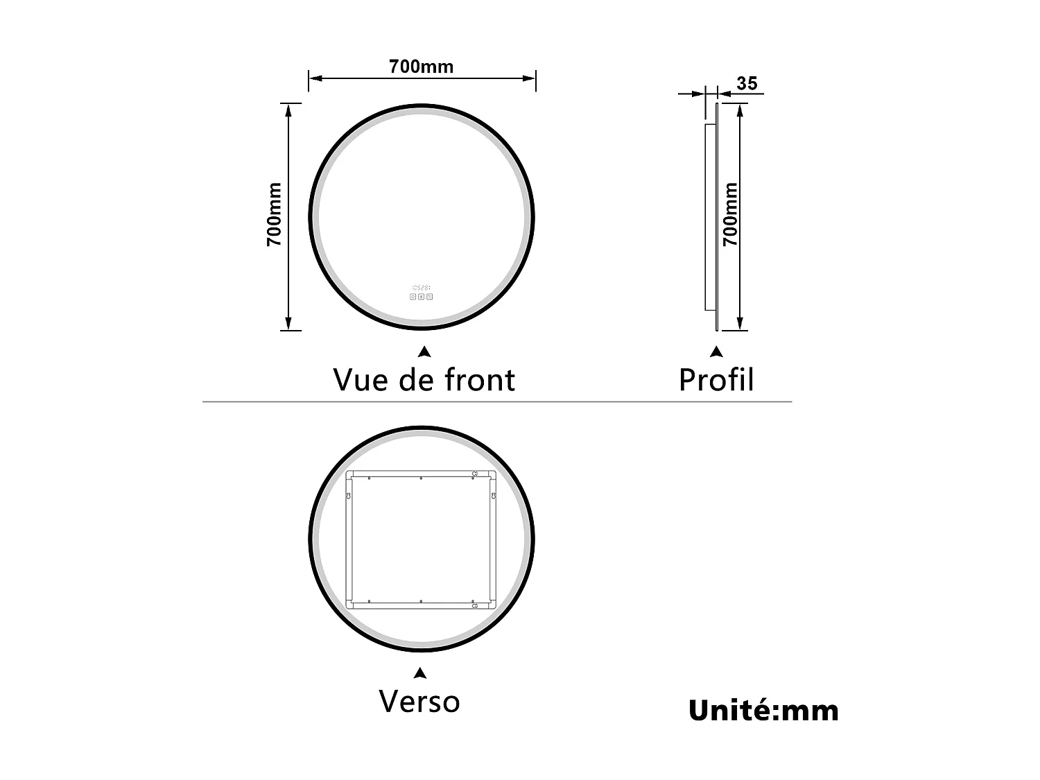 Aica Miroir lumineux de salle de bain Bluetooth Rond 70cm Avec Horloge + 3 Couleurs + Dimmable + Anti-Buée, Noir Cadre Non-Métallique