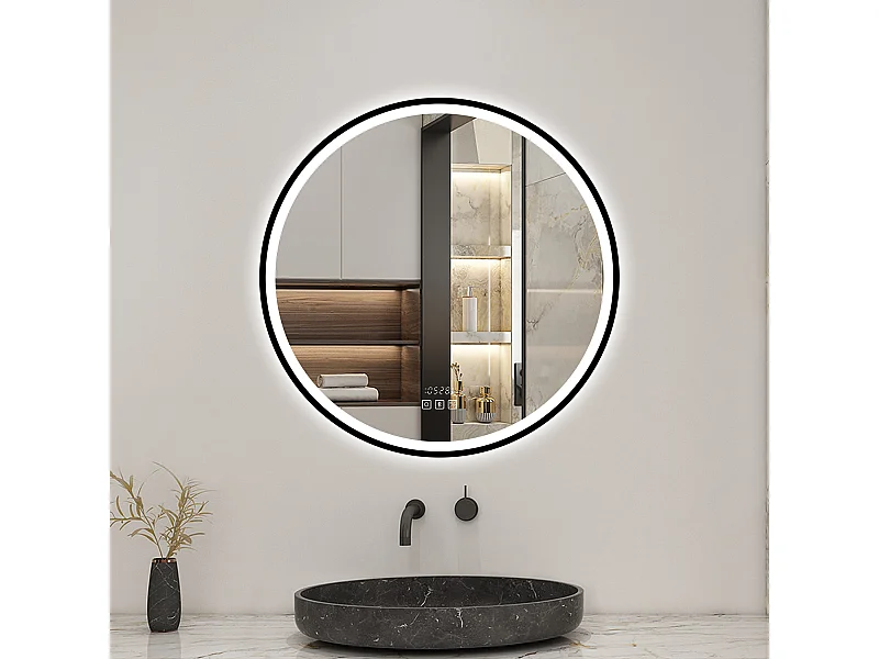 Aica Miroir lumineux de salle de bain Bluetooth Rond 70cm Avec Horloge + 3 Couleurs + Dimmable + Anti-Buée, Noir Cadre Non-Métallique