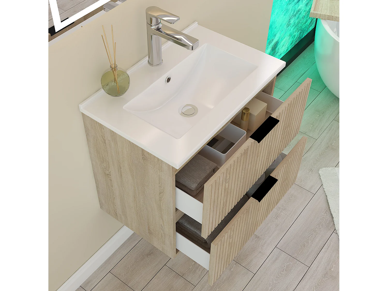 AICA Mueble de Baño con Lavabo,60 x 38.5 x 52 cm, 2 Cajones, Altura 52 cm,Color Roble, Estilo Moderno