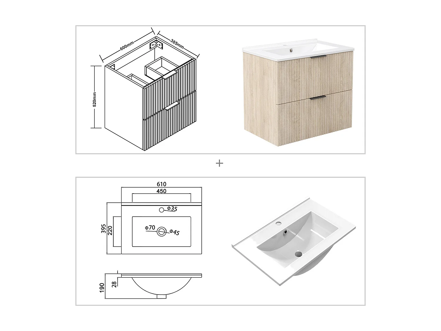 AICA Mueble de Baño con Lavabo,60 x 38.5 x 52 cm, 2 Cajones, Altura 52 cm,Color Roble, Estilo Moderno