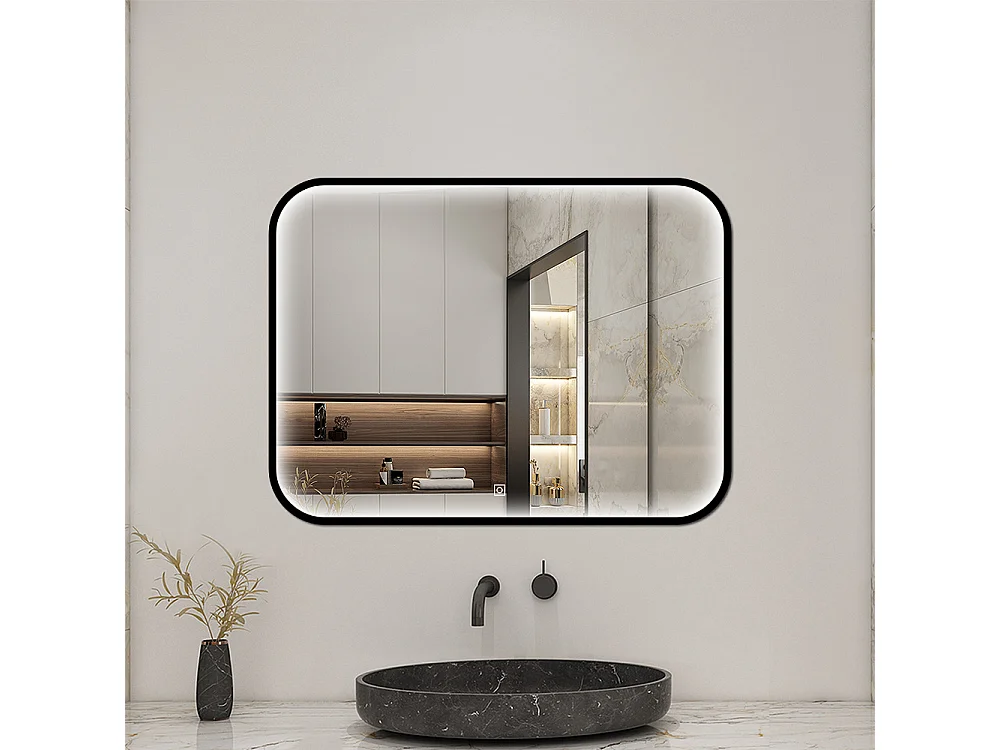 Aica Miroir lumineux de salle de bain 80x60cm Avec 3 Couleurs + Dimmable + Anti-Buée + Mémoire, Noir Cadre Métallique