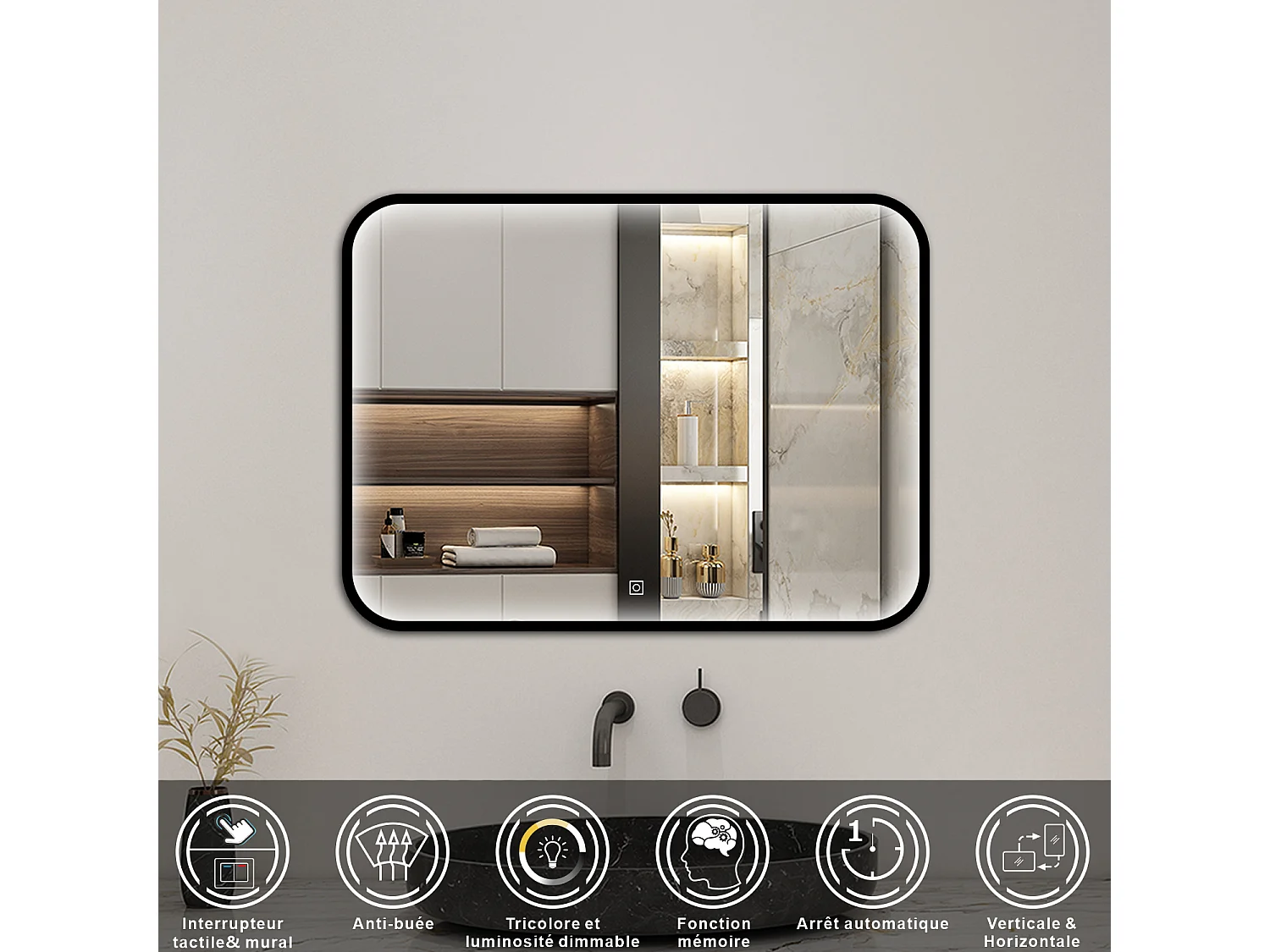 Aica Miroir lumineux de salle de bain 80x60cm Avec 3 Couleurs + Dimmable + Anti-Buée + Mémoire, Noir Cadre Métallique