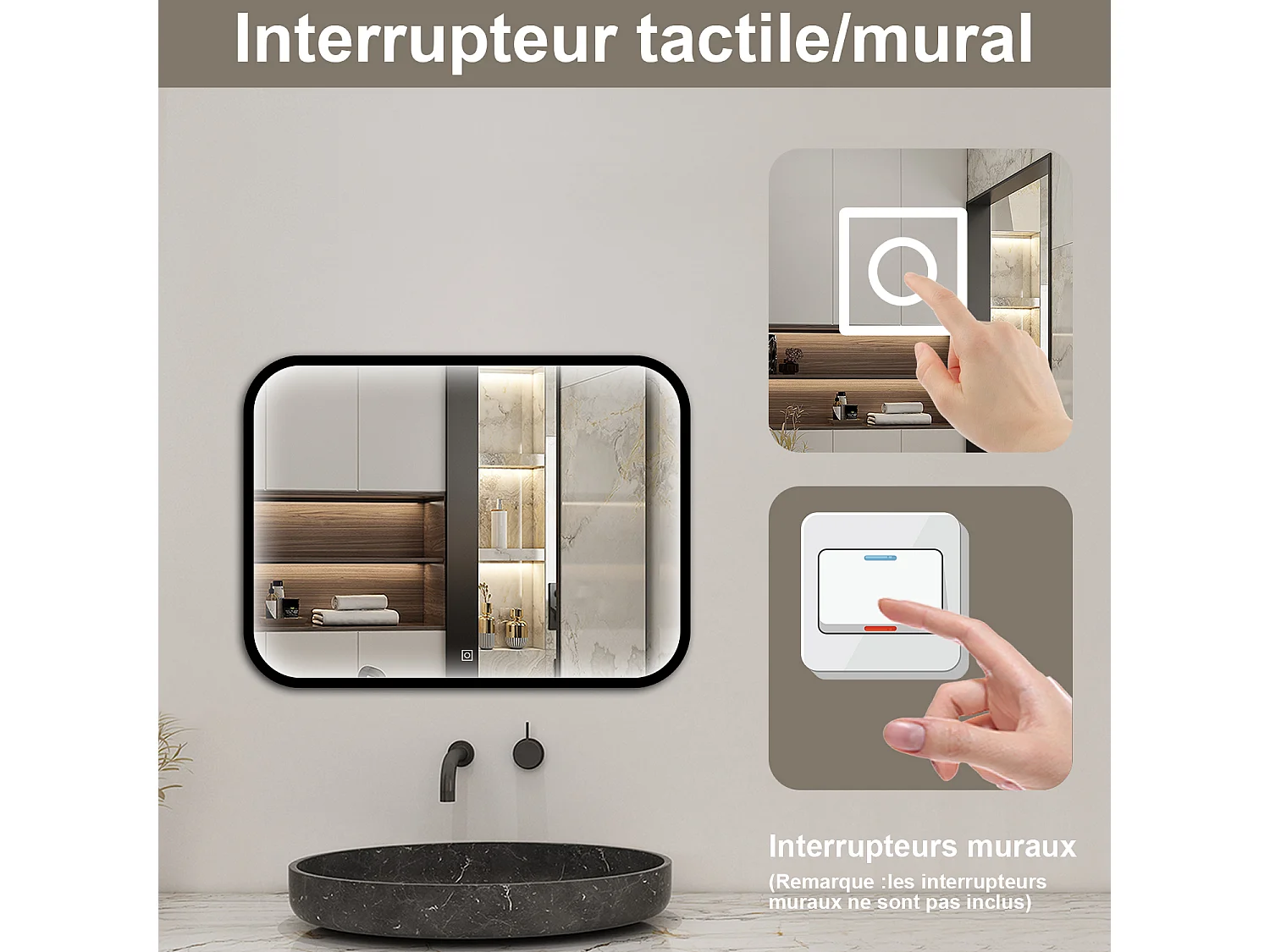 Aica Miroir lumineux de salle de bain 80x60cm Avec 3 Couleurs + Dimmable + Anti-Buée + Mémoire, Noir Cadre Métallique