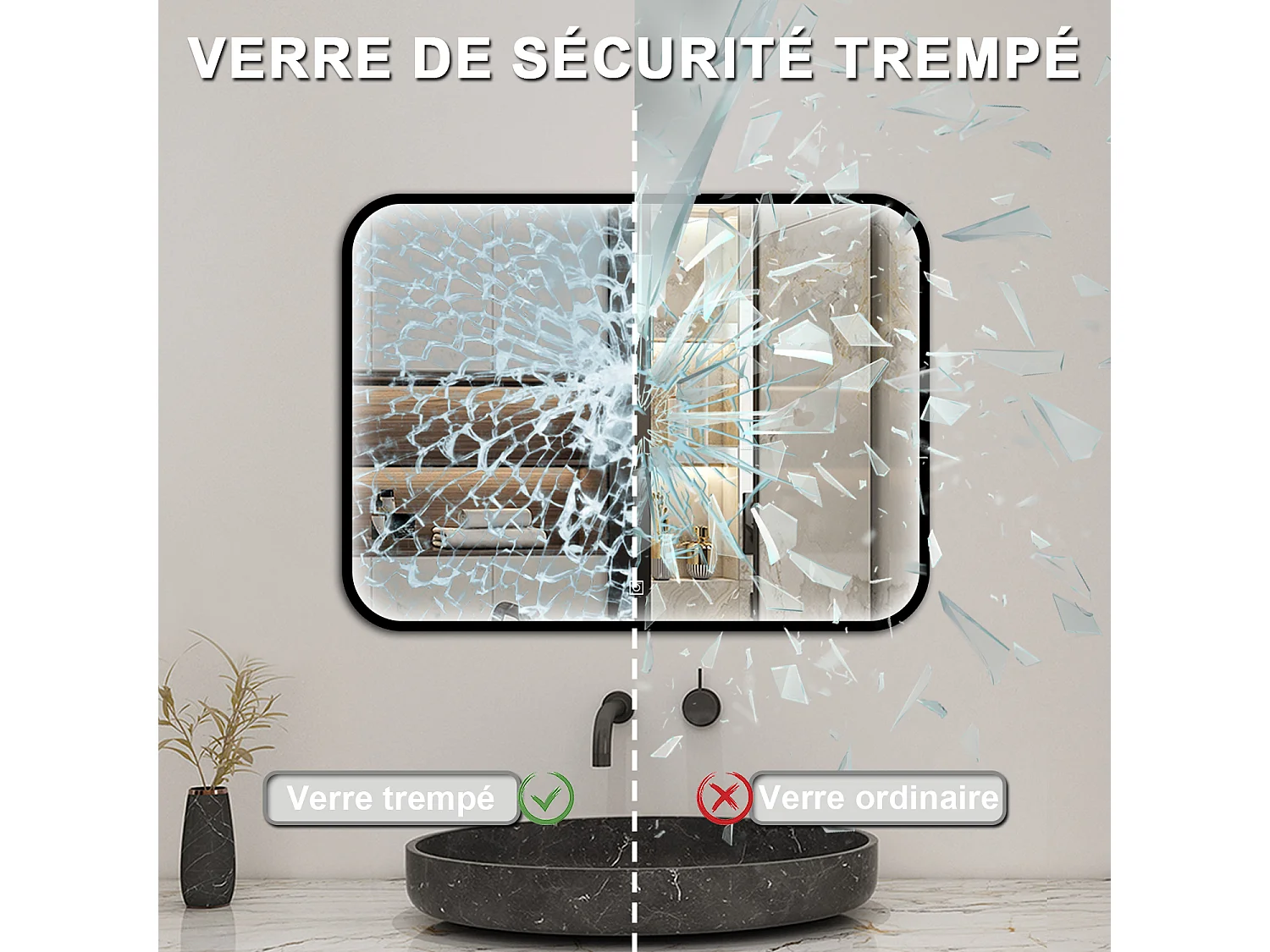 Aica Miroir lumineux de salle de bain 80x60cm Avec 3 Couleurs + Dimmable + Anti-Buée + Mémoire, Noir Cadre Métallique