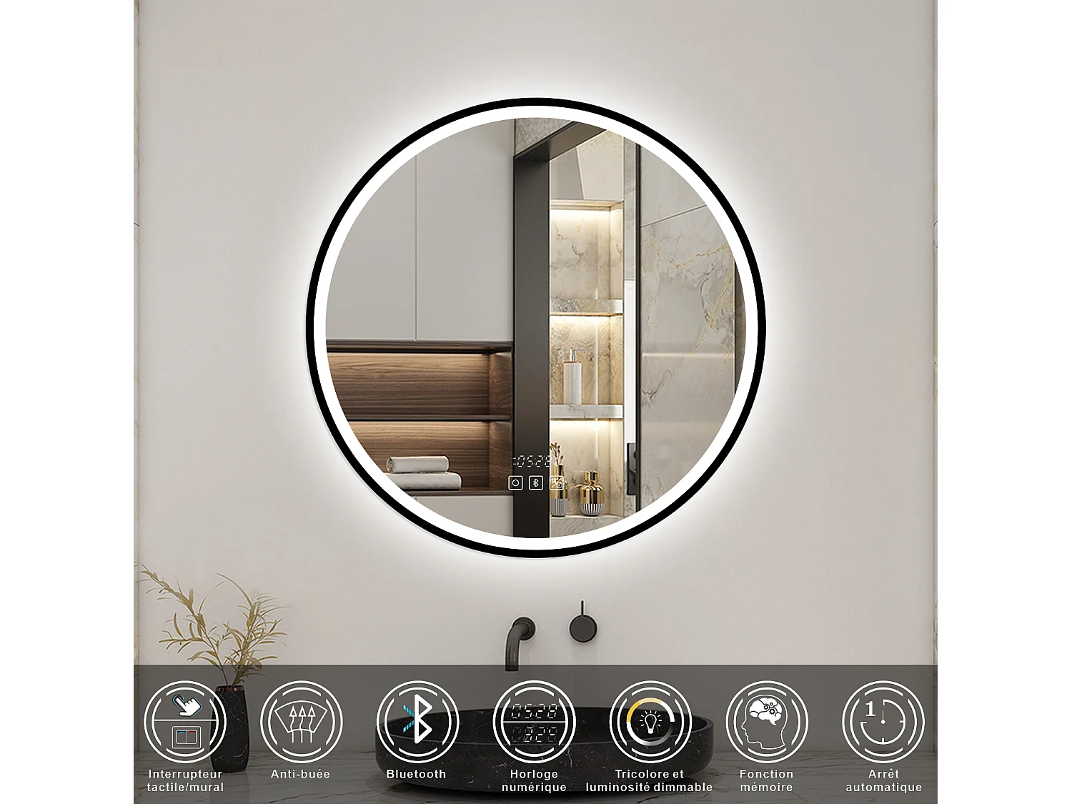 Aica Miroir lumineux de salle de bain Bluetooth Rond 80cm Avec Horloge + 3 Couleurs + Dimmable + Anti-Buée, Noir Cadre Non-Métallique
