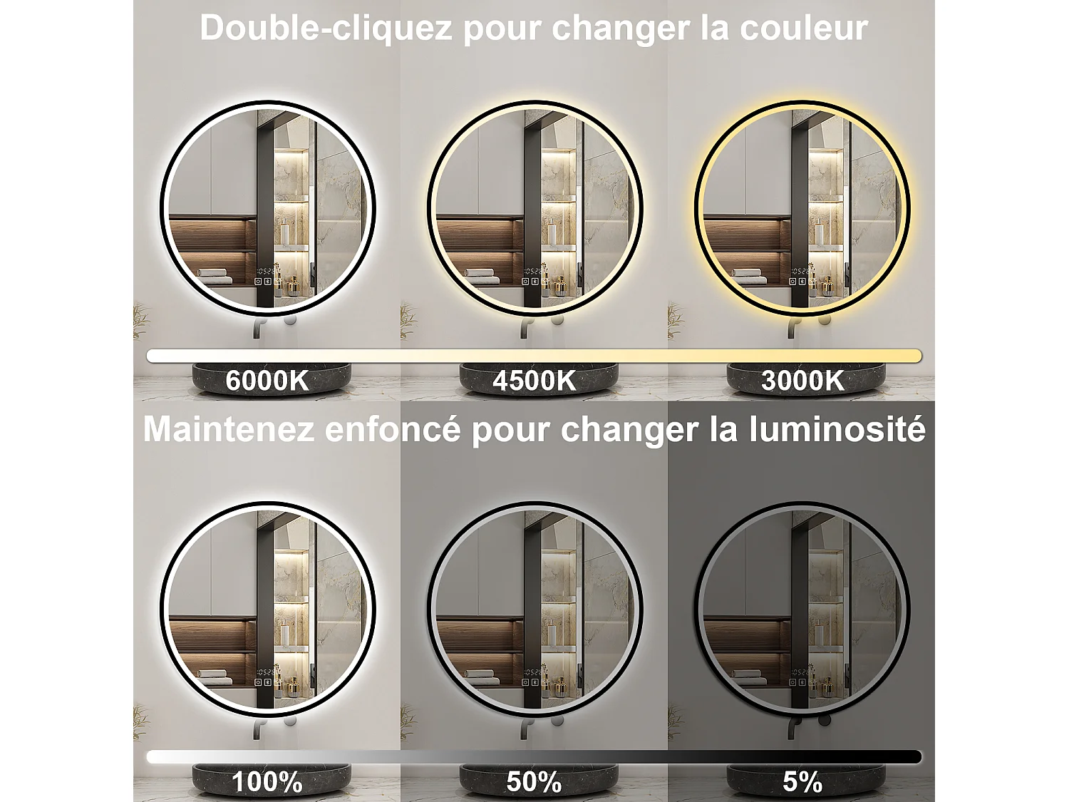 Aica Miroir lumineux de salle de bain Bluetooth Rond 80cm Avec Horloge + 3 Couleurs + Dimmable + Anti-Buée, Noir Cadre Non-Métallique