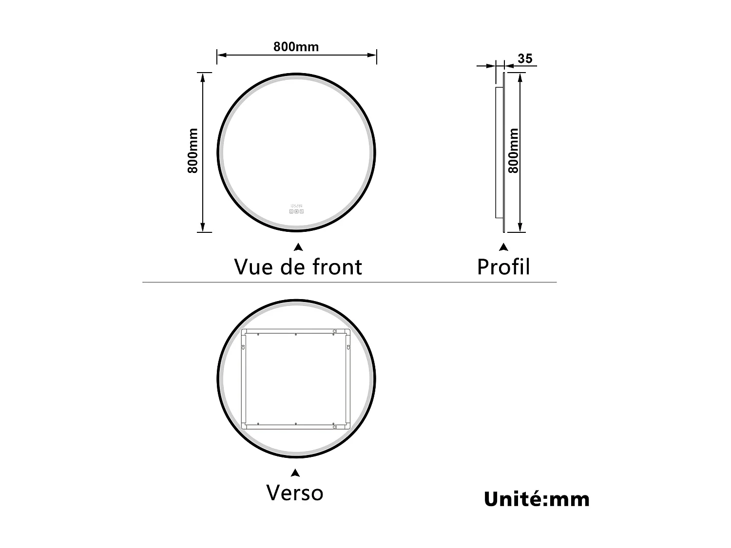 Aica Miroir lumineux de salle de bain Bluetooth Rond 80cm Avec Horloge + 3 Couleurs + Dimmable + Anti-Buée, Noir Cadre Non-Métallique