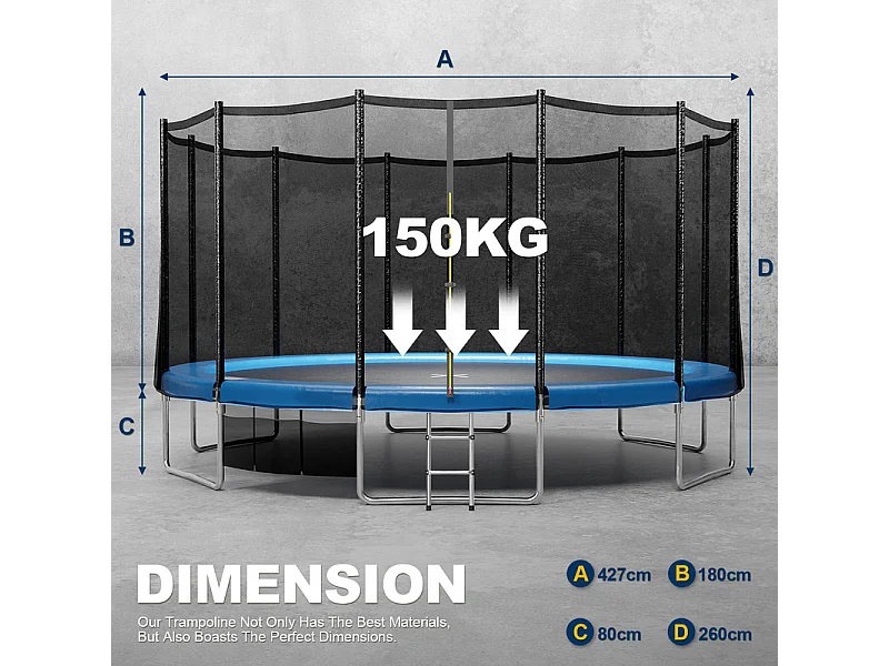 Trampoline d'extérieur Ø183/228/305/366/436 cm, trampoline de jardin robuste, cadre en acier galvanisé avec sac de rangement, pour enfants et adultes