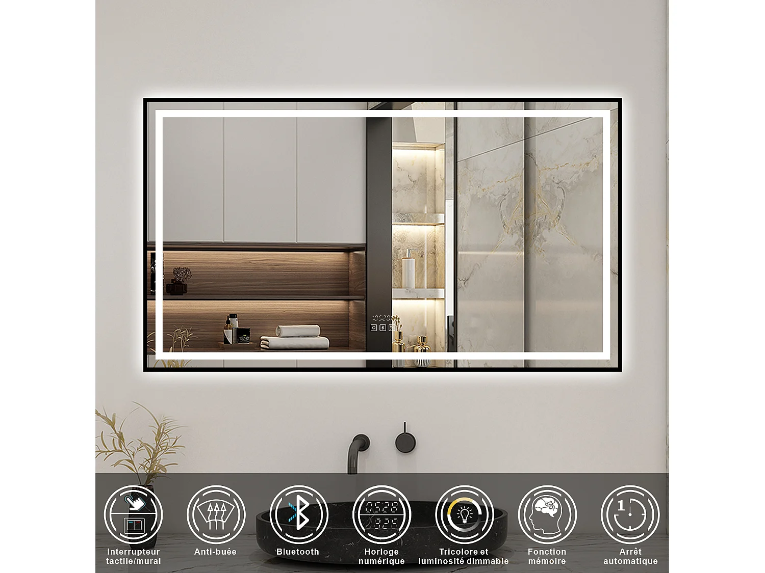 Aica Miroir lumineux de salle de bain Bluetooth 100x80cm Avec Horloge + 3 Couleurs + Dimmable + Anti-Buée, Noir Cadre Non-Métallique