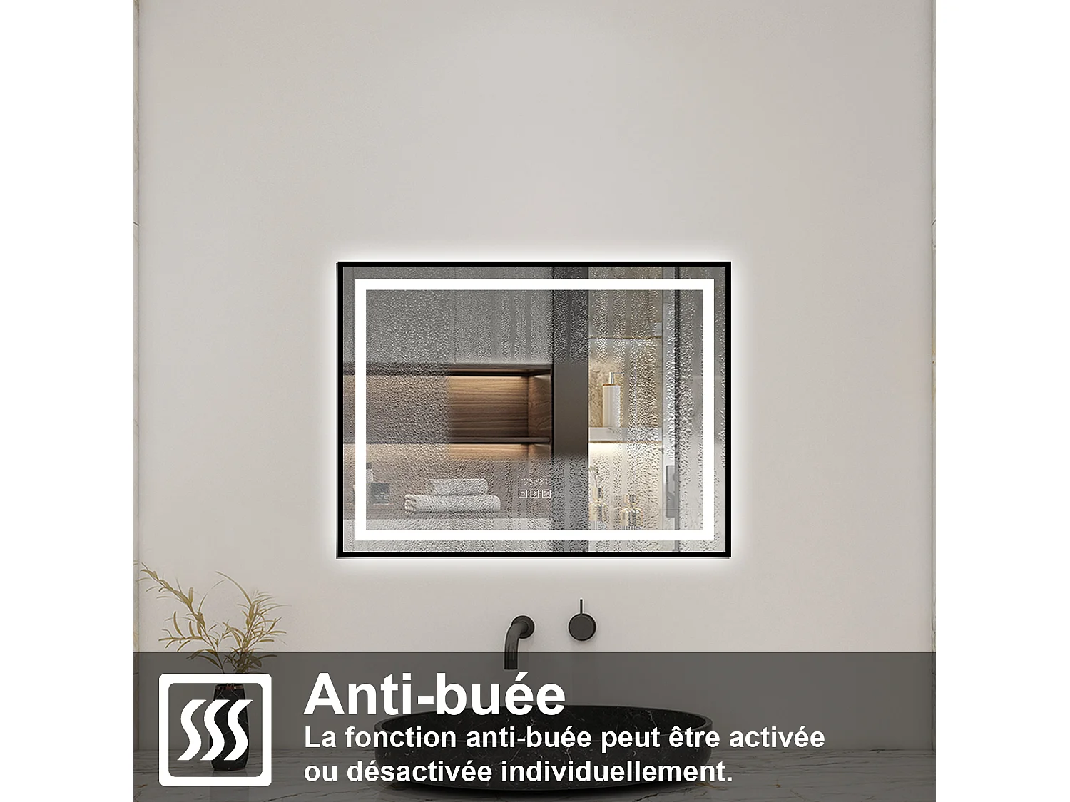 Aica Miroir lumineux de salle de bain Bluetooth 100x80cm Avec Horloge + 3 Couleurs + Dimmable + Anti-Buée, Noir Cadre Non-Métallique