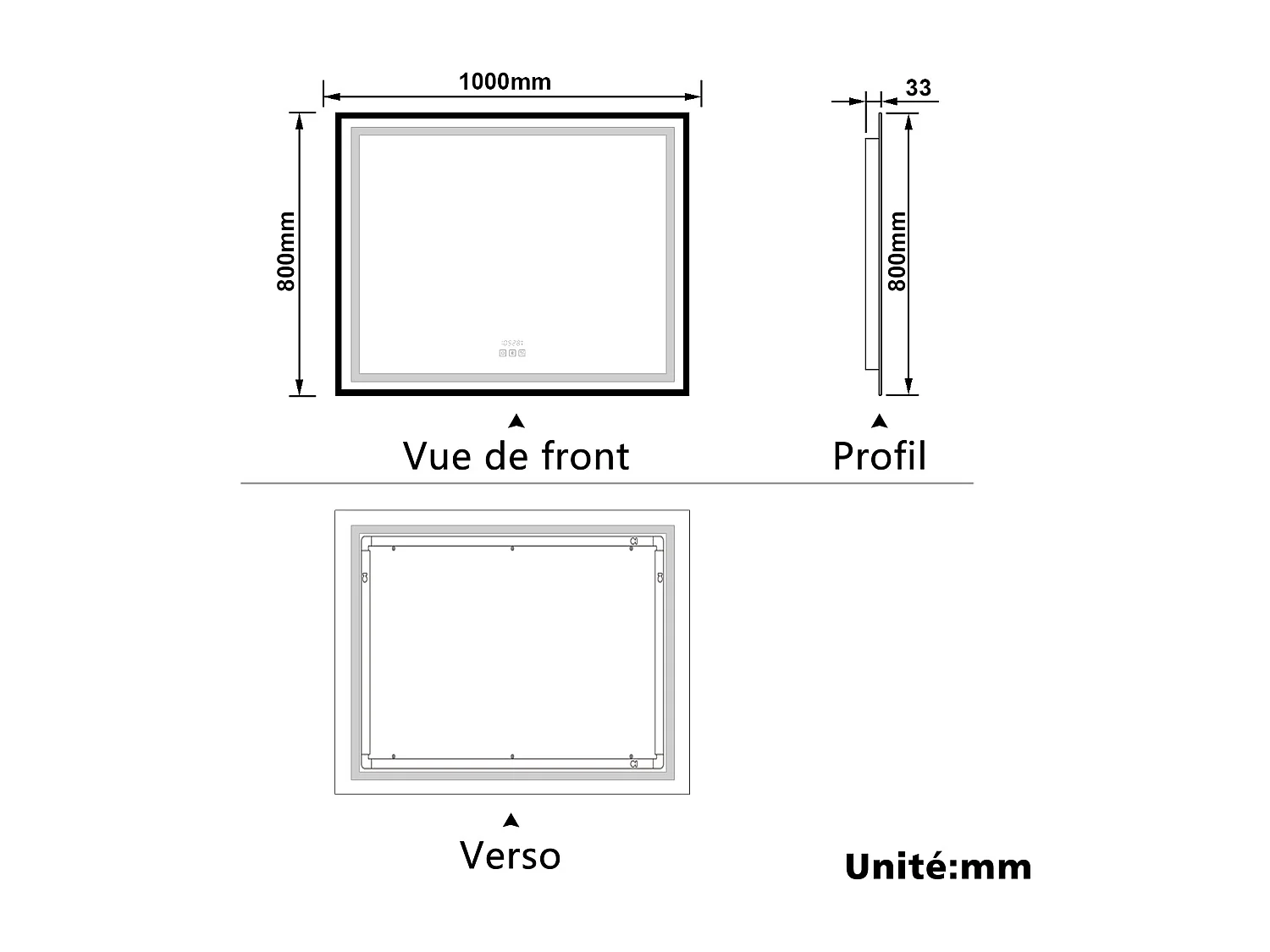 Aica Miroir lumineux de salle de bain Bluetooth 100x80cm Avec Horloge + 3 Couleurs + Dimmable + Anti-Buée, Noir Cadre Non-Métallique
