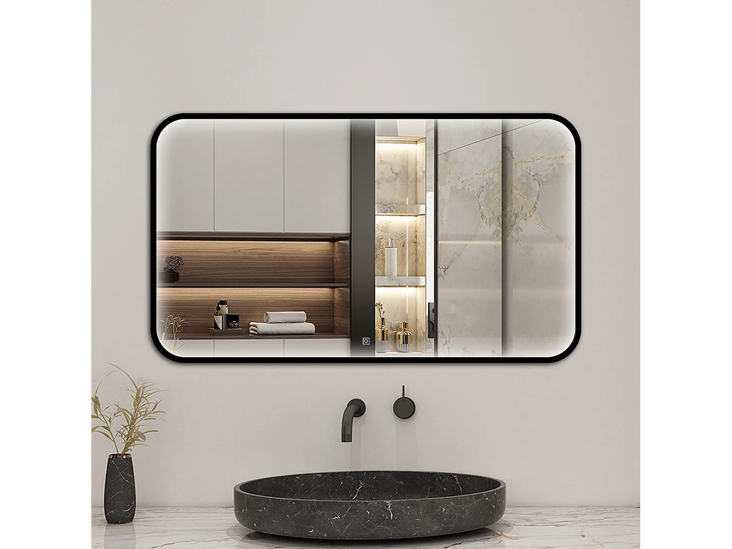 Aica Miroir lumineux de salle de bain 100x60cm Avec 3 Couleurs + Dimmable + Anti-Buée + Mémoire, Noir Cadre Métallique