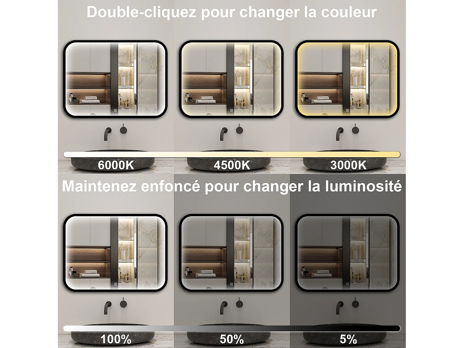 Aica Miroir lumineux de salle de bain 100x60cm Avec 3 Couleurs + Dimmable + Anti-Buée + Mémoire, Noir Cadre Métallique