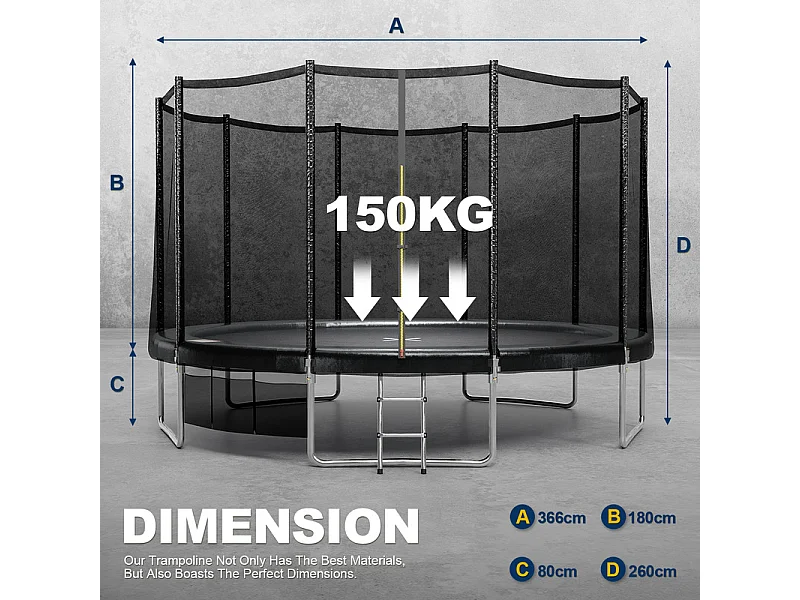 Trampoline d'extérieur Ø183/228/305/366/430 cm, trampoline de jardin robuste, cadre en acier galvanisé avec sac de rangement, pour enfants et adultes