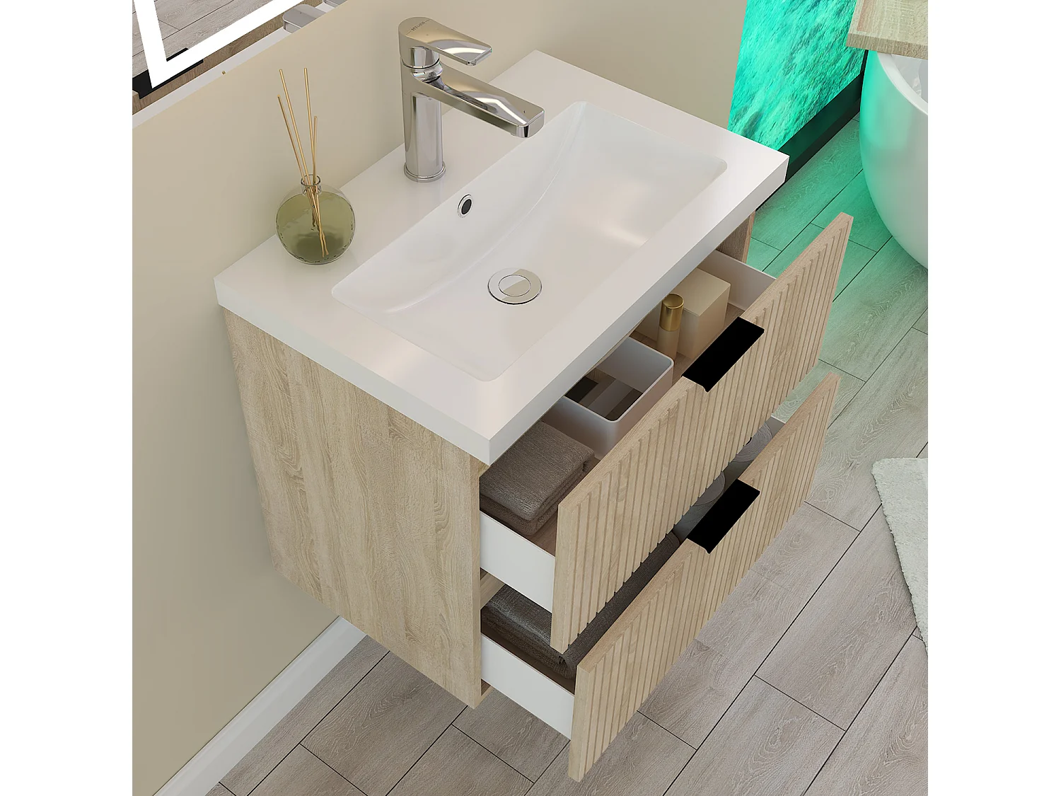 AICA Mueble de Baño con Lavabo, 2 Cajones,60 x 38.5 x 52 cm, Altura 52 cm,Color Roble, Estilo Moderno