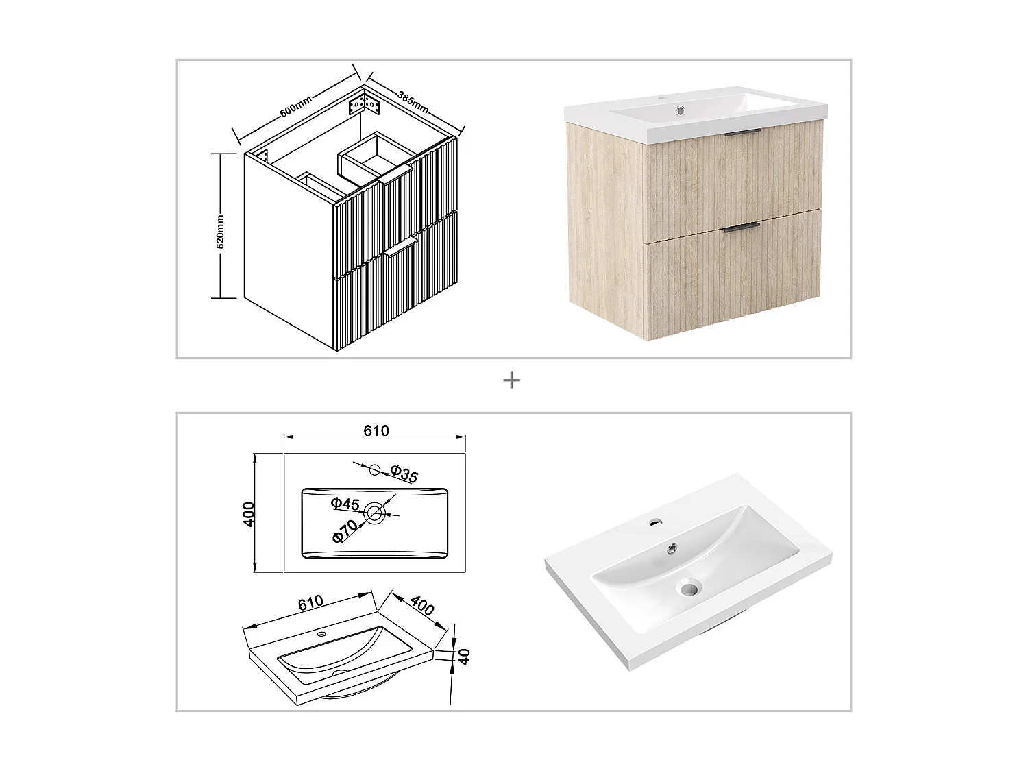 AICA Mueble de Baño con Lavabo, 2 Cajones,60 x 38.5 x 52 cm, Altura 52 cm,Color Roble, Estilo Moderno