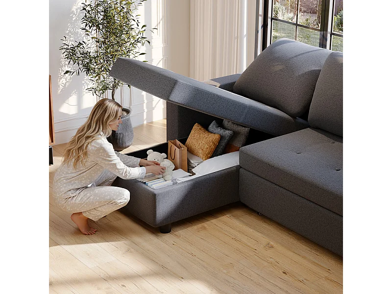 Canapé convertible, canapé d'angle avec rangement, canapé-lit avec accoudoirs 5 places multifonctionnel pour salon, bureau et petit appartement