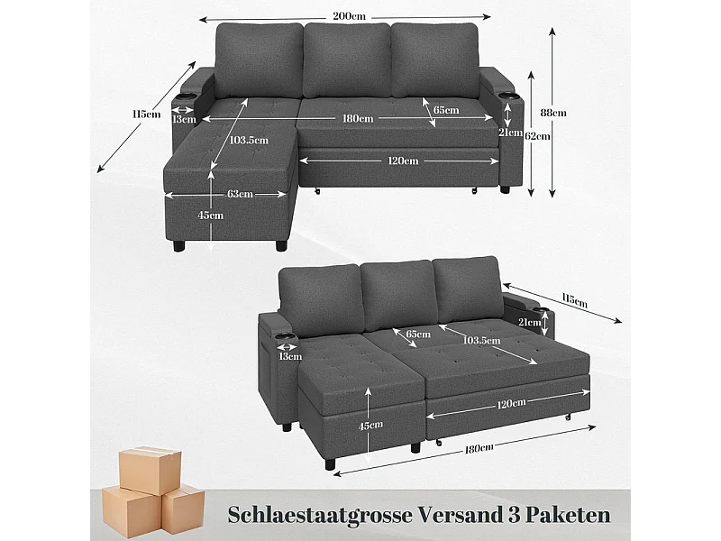 Canapé convertible, canapé d'angle avec rangement, canapé-lit avec accoudoirs 5 places multifonctionnel pour salon, bureau et petit appartement