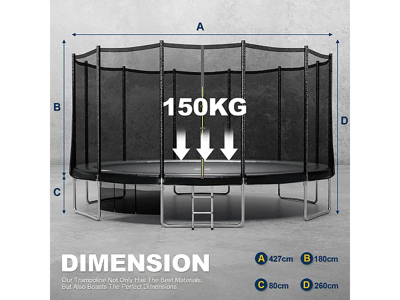 Trampoline d'extérieur Ø183/228/305/366/431 cm, trampoline de jardin robuste, cadre en acier galvanisé avec sac de rangement, pour enfants et adultes