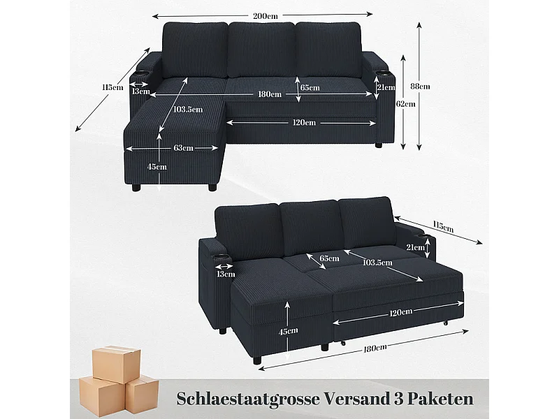 Canapé convertible, canapé d'angle avec rangement, canapé-lit avec accoudoirs 4 places multifonctionnel pour salon, bureau et petit appartement