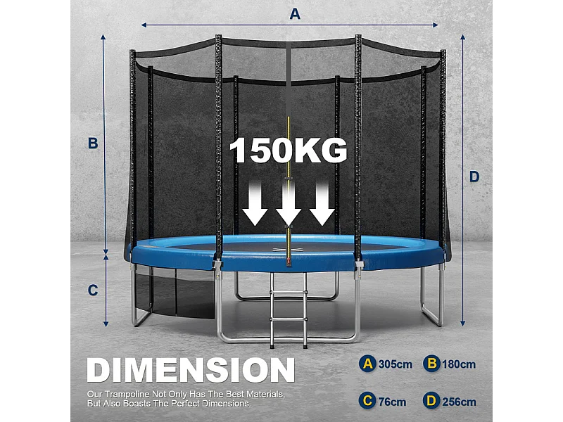 Trampoline d'extérieur Ø183/228/305/366/434 cm, trampoline de jardin robuste, cadre en acier galvanisé avec sac de rangement, pour enfants et adultes