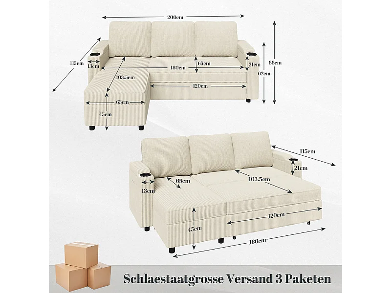 Canapé convertible, canapé d'angle avec rangement, canapé-lit avec accoudoirs 3 places multifonctionnel pour salon, bureau et petit appartement