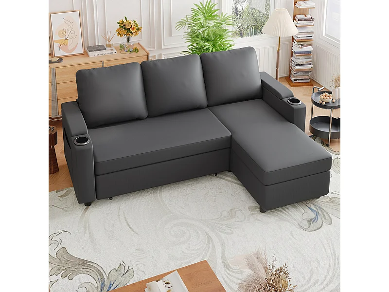 Canapé convertible, canapé d'angle avec rangement, canapé-lit avec accoudoirs 6 places multifonctionnel pour salon, bureau et petit appartement