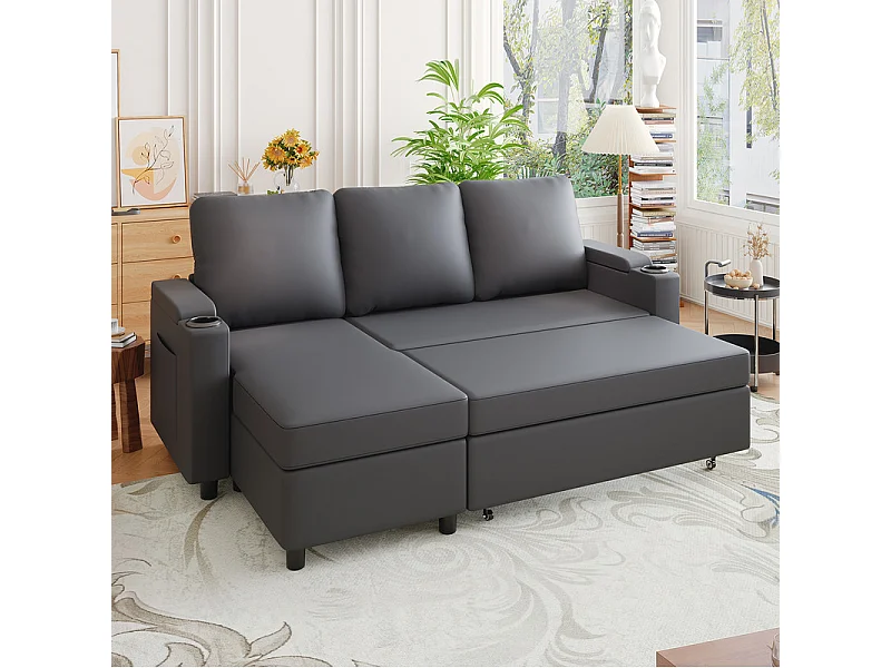 Canapé convertible, canapé d'angle avec rangement, canapé-lit avec accoudoirs 6 places multifonctionnel pour salon, bureau et petit appartement